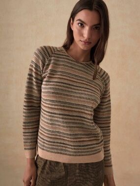 SOL ALPACA US JACQUARD BOMBER SWEATER - SESAME AND MULTICOLOR L